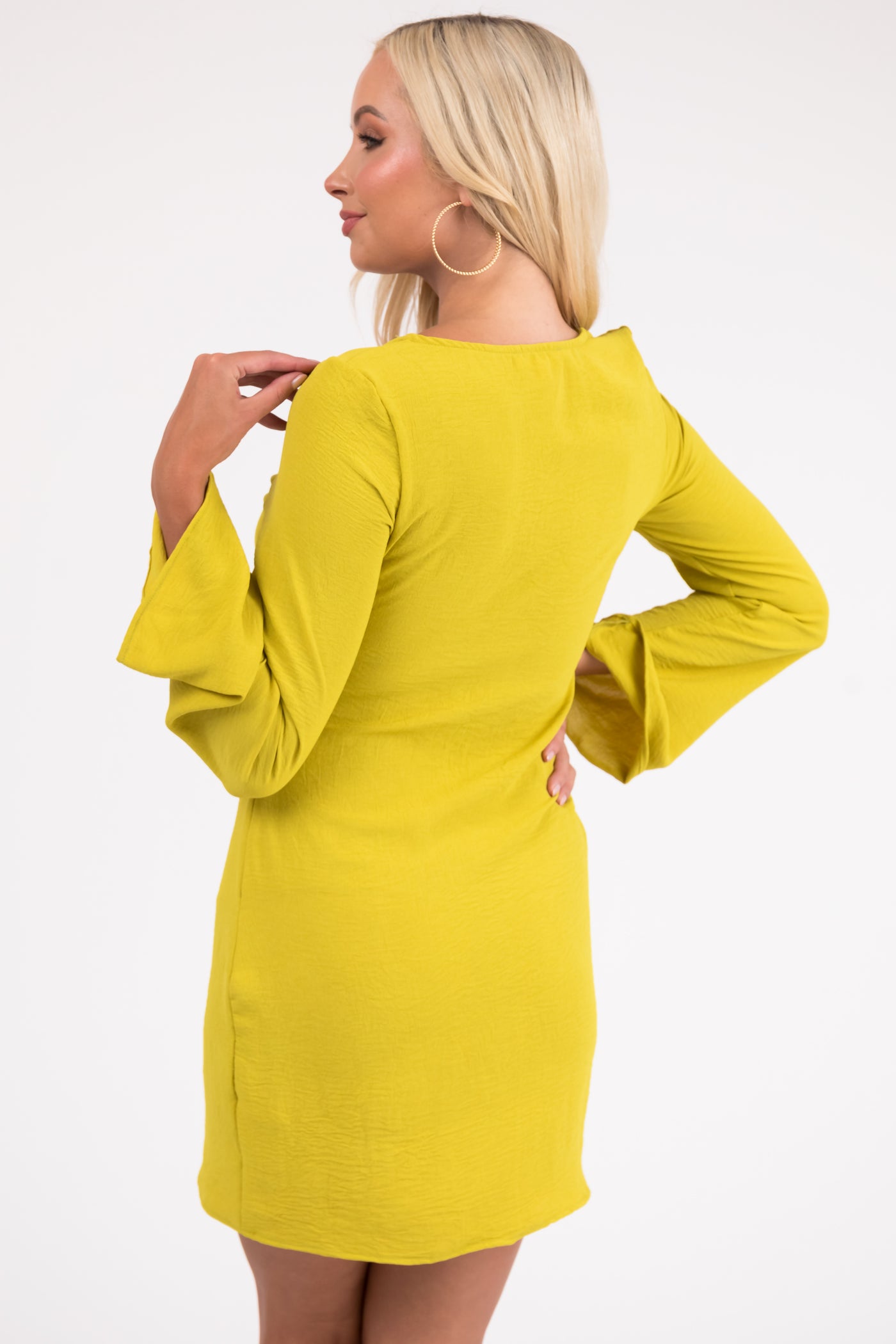 Lemon Lime Long Flare Sleeve Front Tie Mini Dress