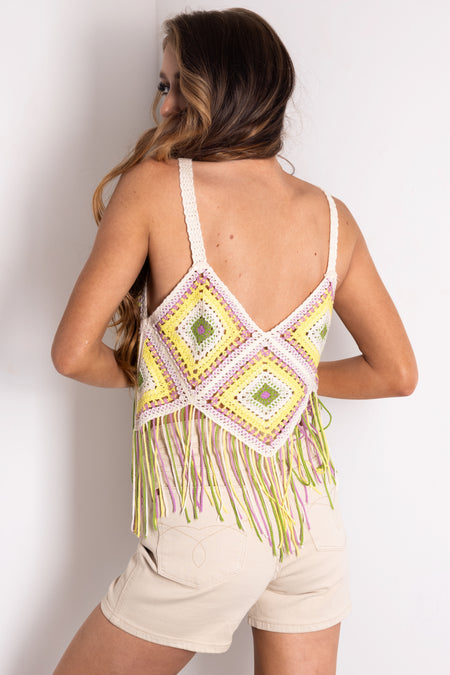 Lemon Multicolor Crochet Fringe Tank Top