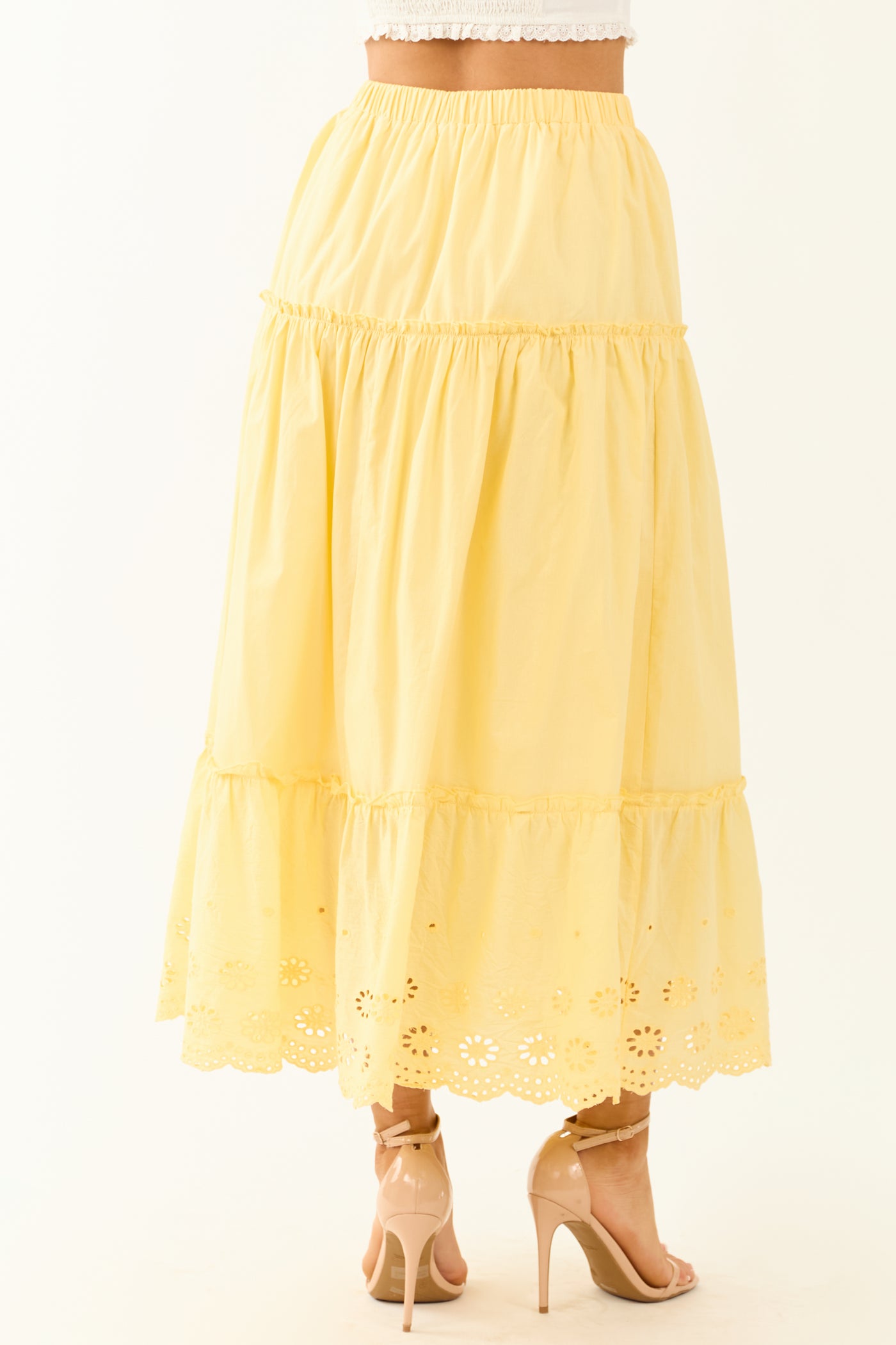 Lemon Tiered Frill Eyelet Maxi Skirt