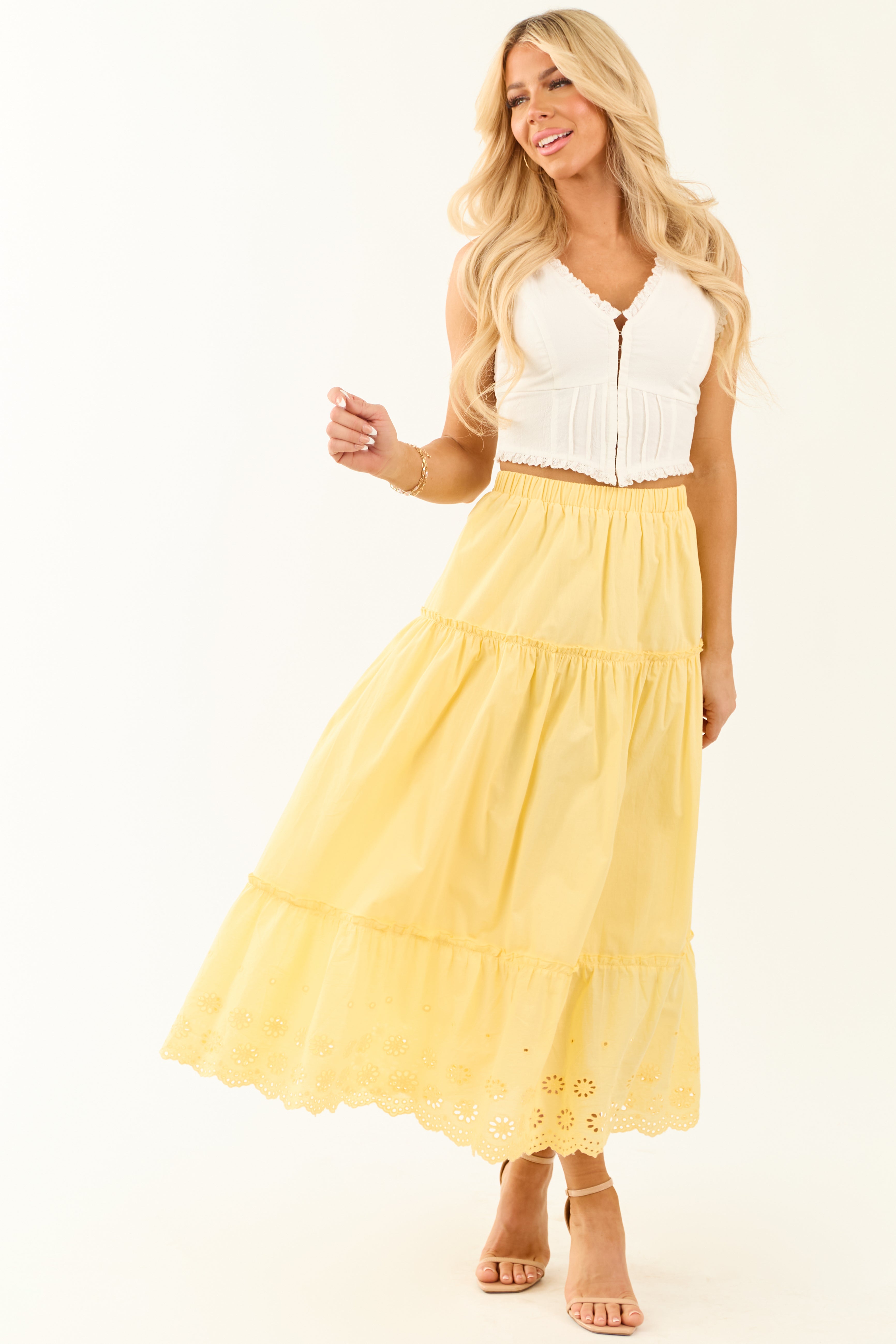 Lemon Tiered Frill Eyelet Maxi Skirt