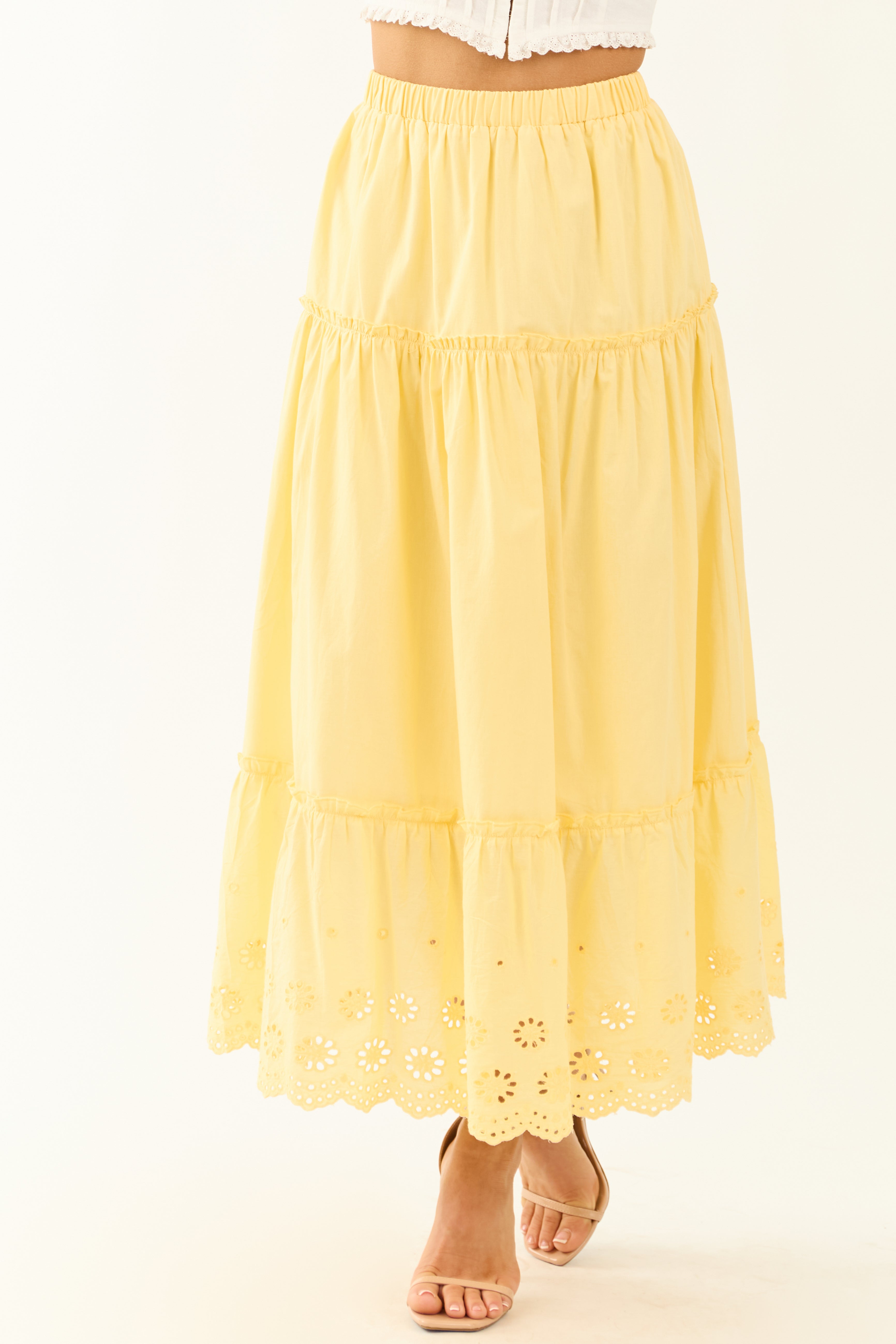 Lemon Tiered Frill Eyelet Maxi Skirt