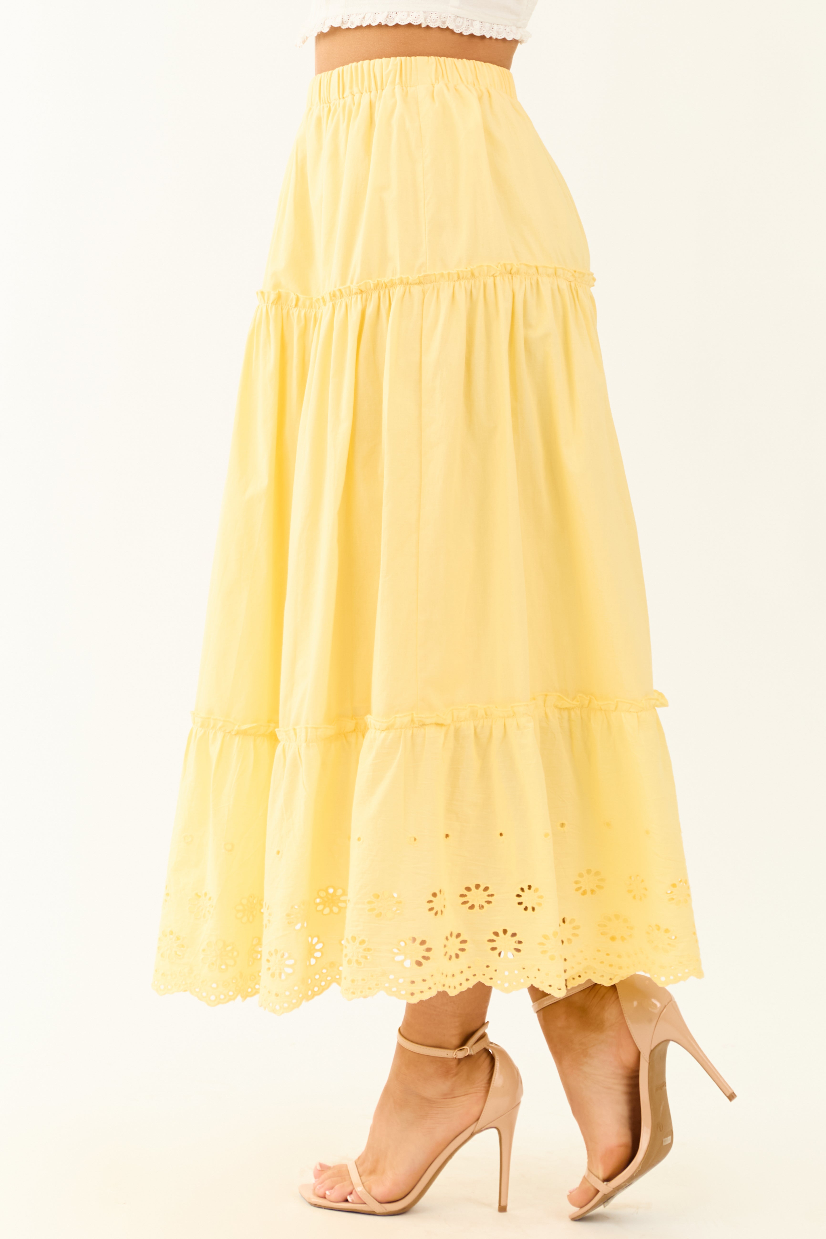 Lemon Tiered Frill Eyelet Maxi Skirt