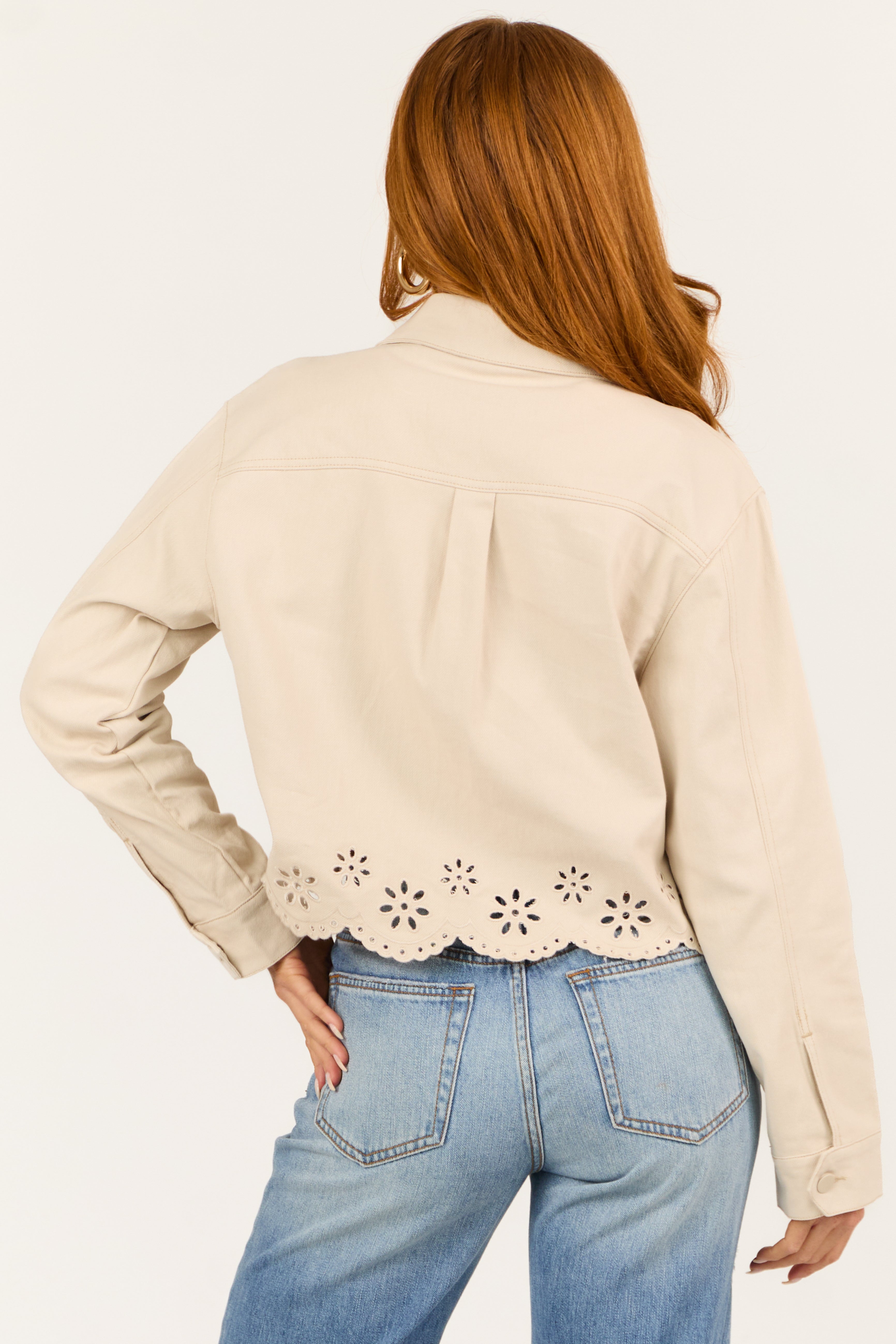 Light Almond Cutout Scalloped Eyelet Denim Jacket