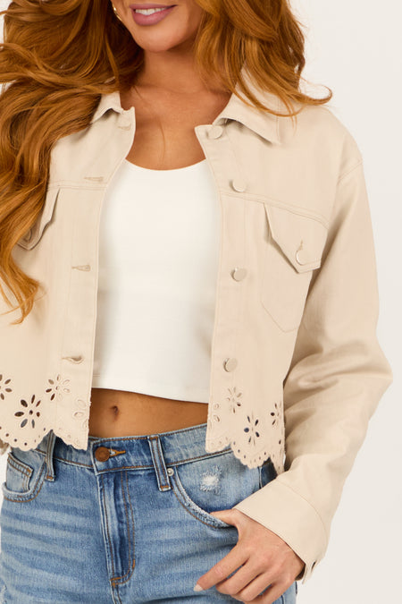 Light Almond Button Down Embroidered Denim Jacket