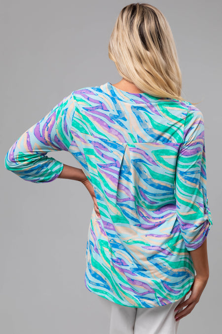 Light Aqua Zebra Print 3/4 Sleeve V-Neck Top