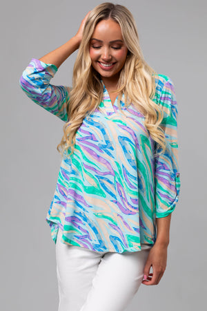 Light Aqua Zebra Print 3/4 Sleeve V-Neck Top