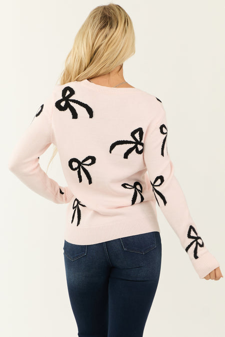 Light Baby Pink Bow Print Ribbed Knit Sweater