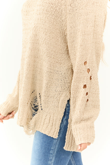 Light Beige Distressed Sweater with Back Cut Out