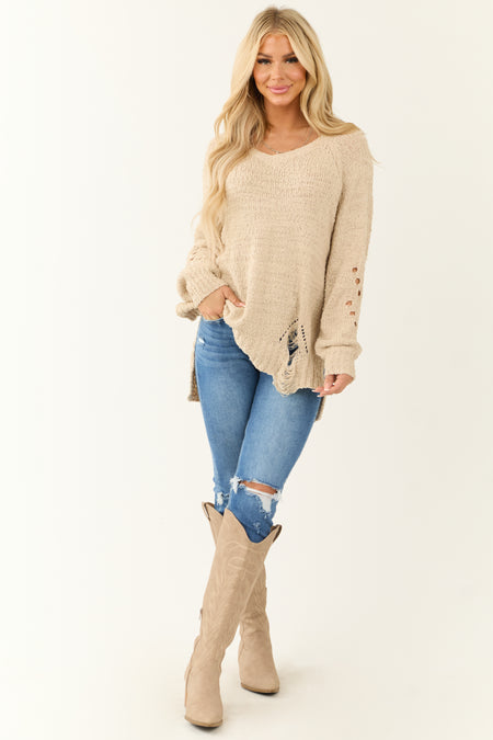 Light Beige Distressed Sweater with Back Cut Out