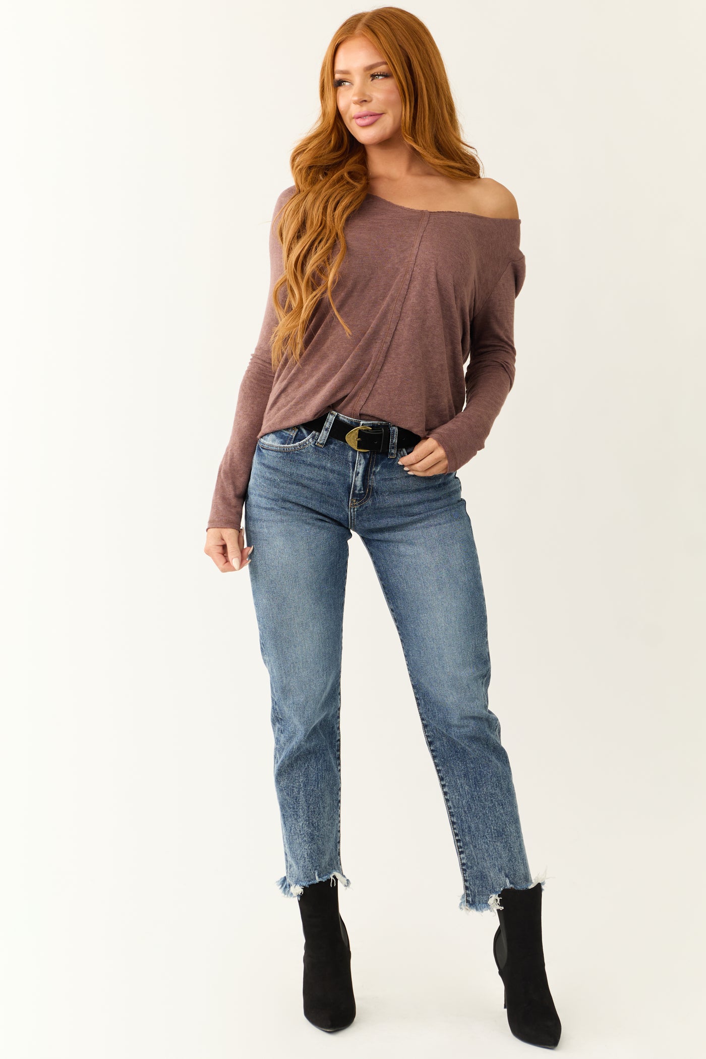 Light Berry Slub Knit Center Seam Long Sleeve Top