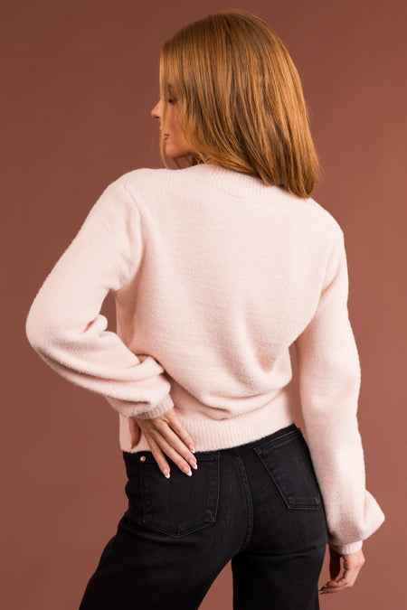 Light Blush V Neck Fuzzy Cropped Sweater