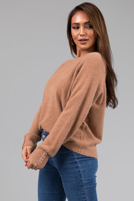 Light Brown Sugar Button Cuff Fuzzy Sweater