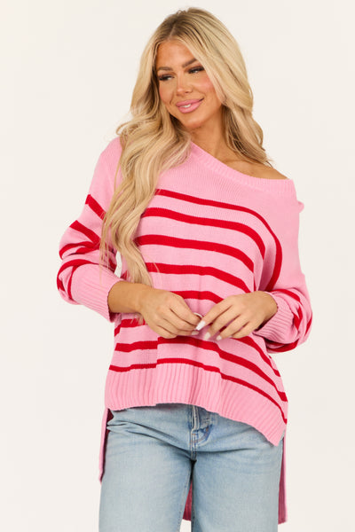 Light Bubblegum Striped Round Neck Sweater