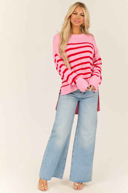 Light Bubblegum Striped Round Neck Sweater