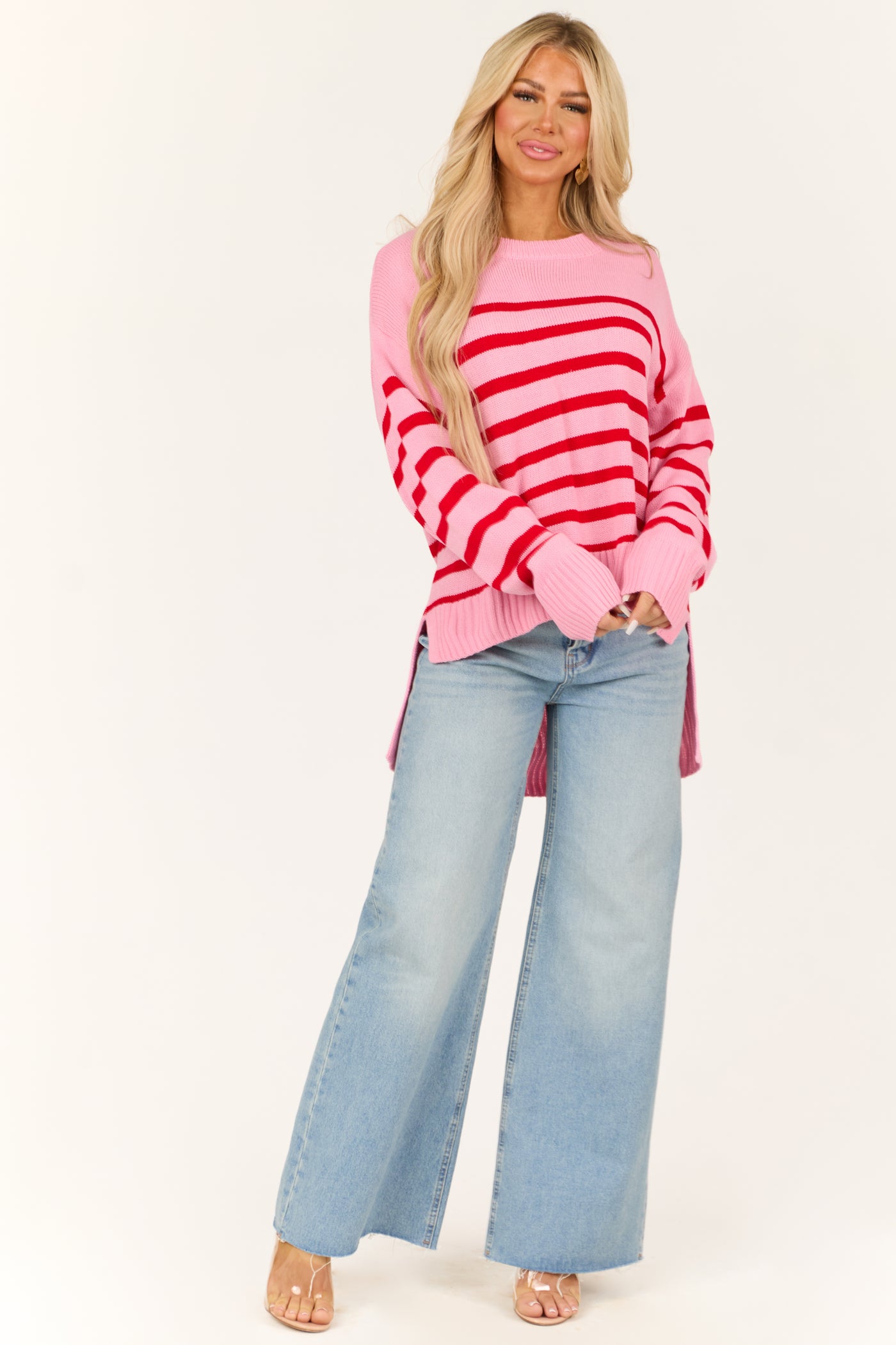 Light Bubblegum Striped Round Neck Sweater