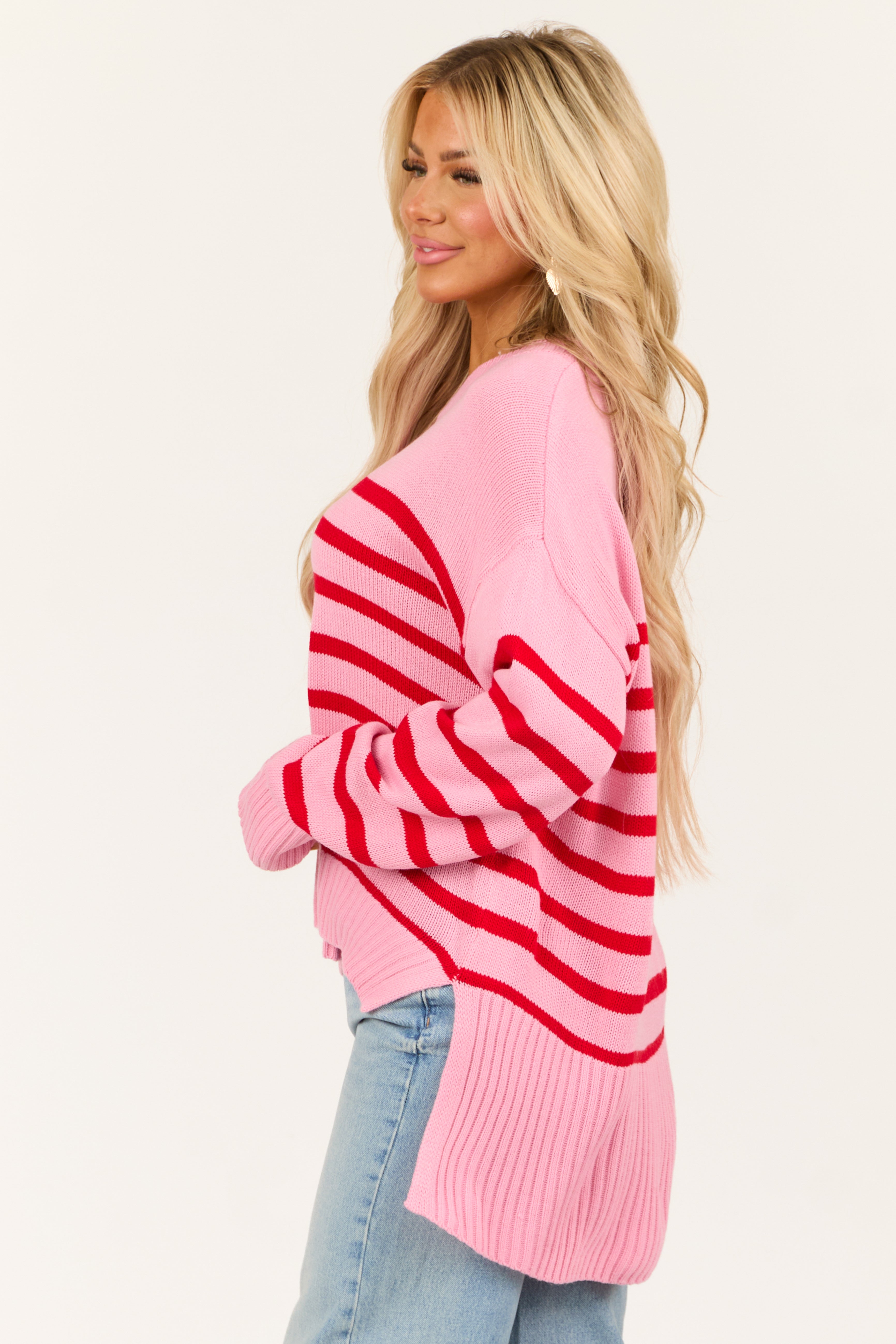 Light Bubblegum Striped Round Neck Sweater