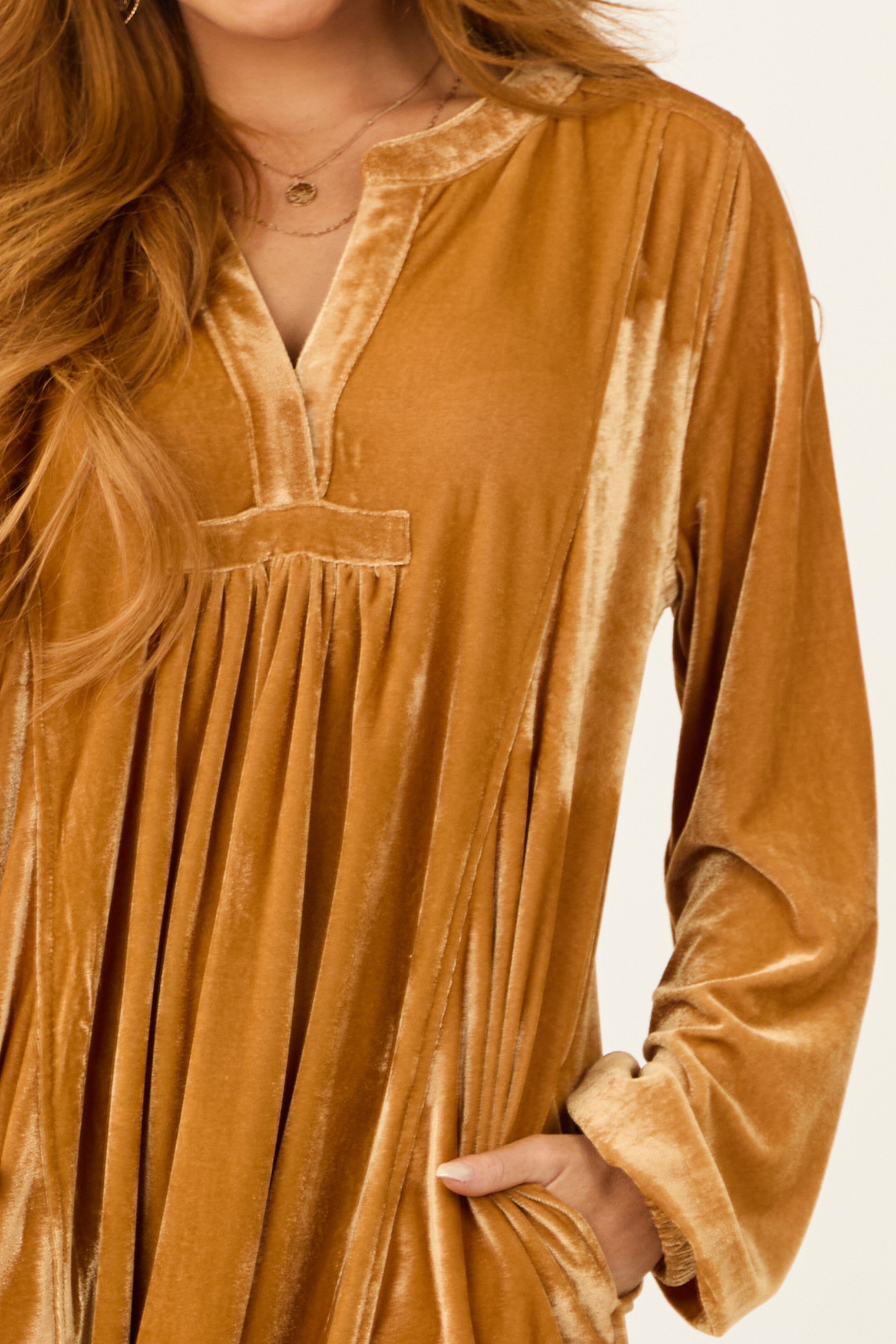 Light Caramel Notch Neck Shift Fit Velvet Dress