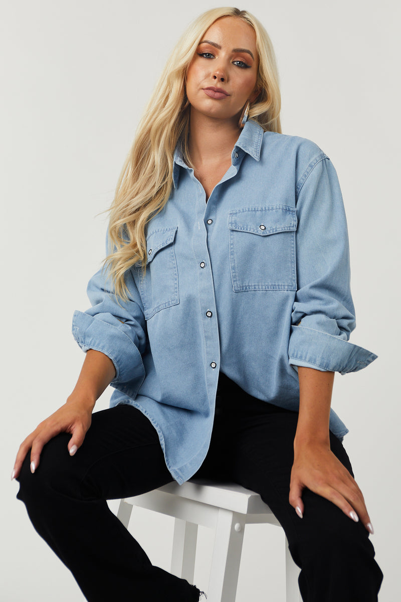 Light Chambray Button Down Long Sleeve Top