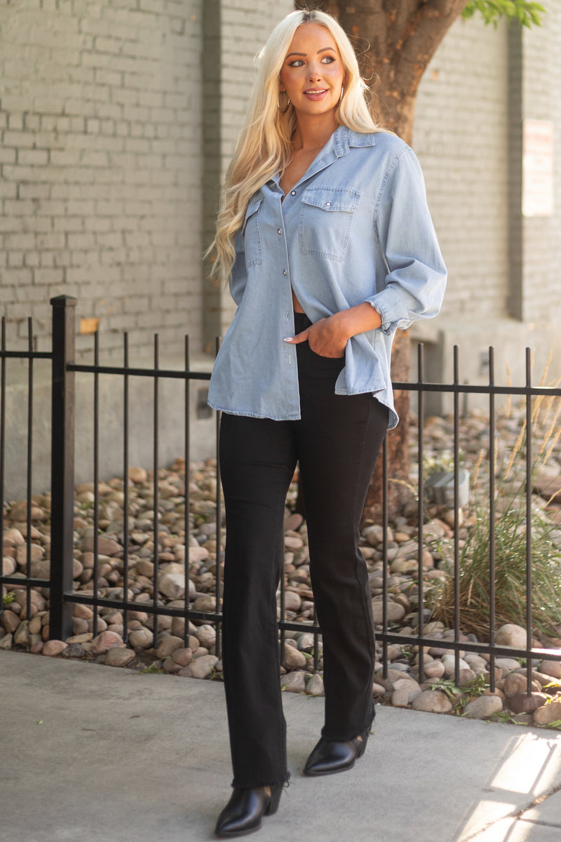 Light Chambray Button Down Long Sleeve Top