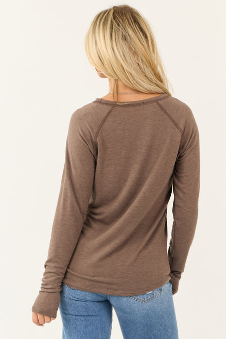 Light Coffee Exposed Stitch French Terry Knit Top