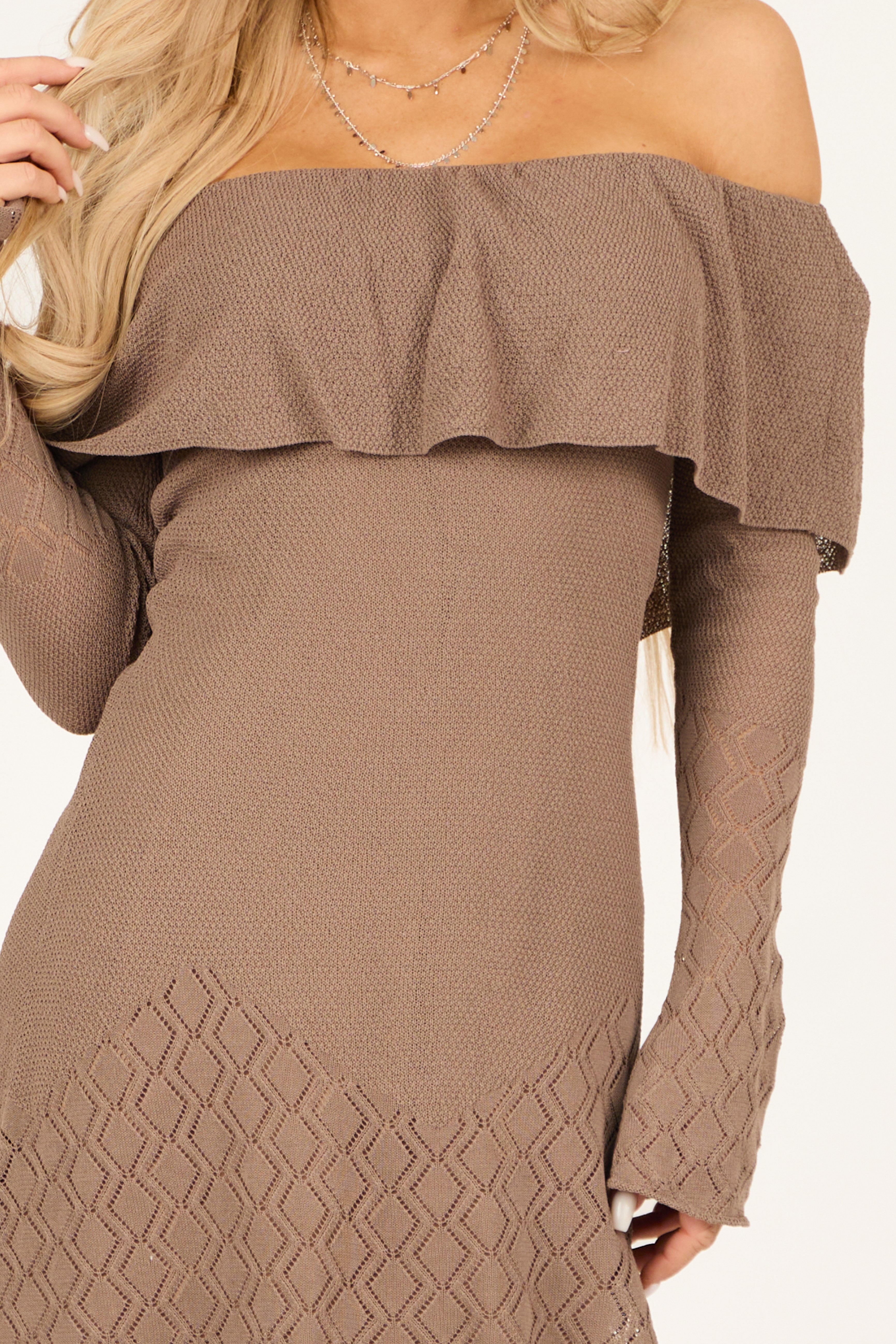 Light Coffee Off the Shoulder Textured Short Dress