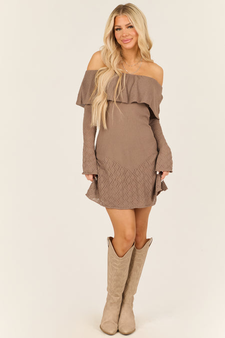 Light Coffee Off the Shoulder Textured Short Dress