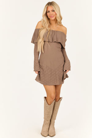 Light Coffee Off the Shoulder Textured Short Dress