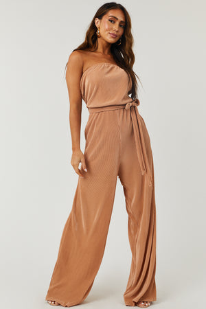 Light Copper Strapless Wide Leg Plisse Jumpsuit