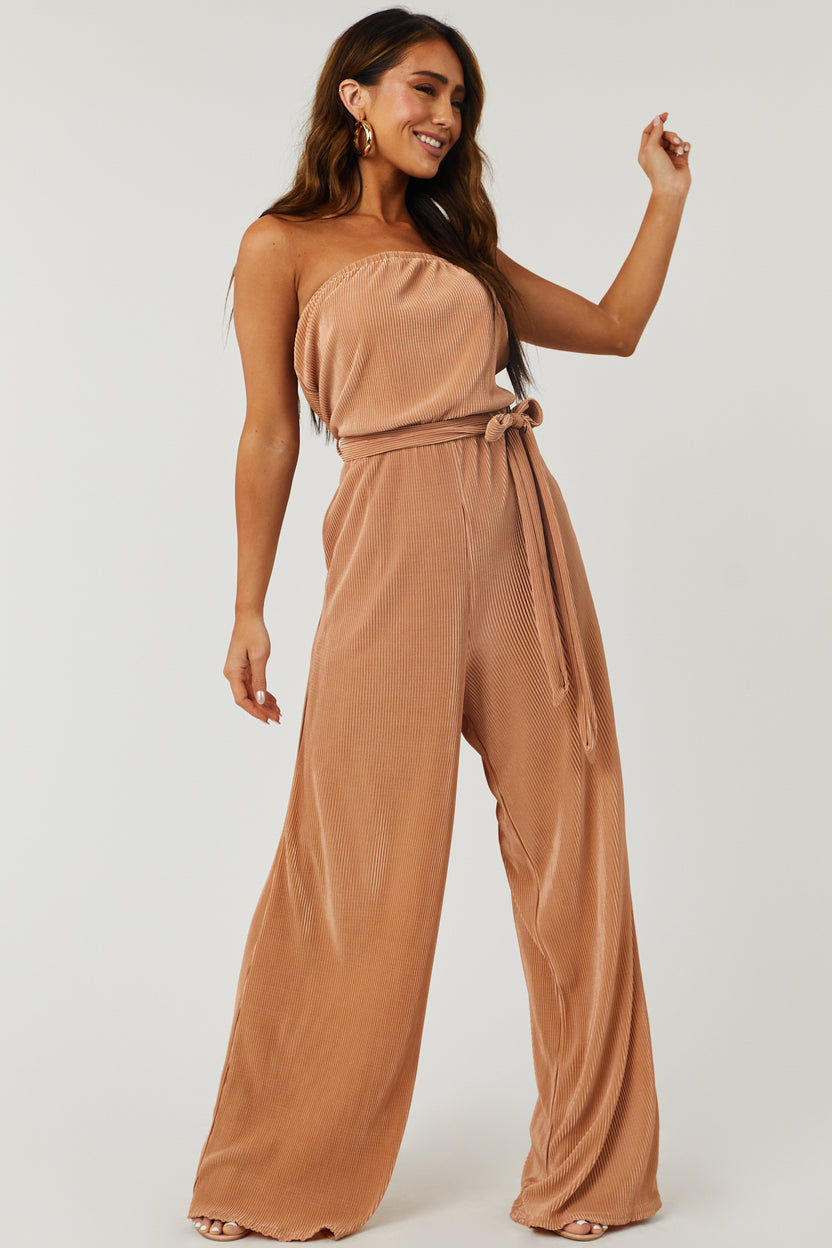 Light Copper Strapless Wide Leg Plisse Jumpsuit