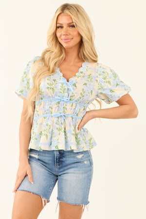 Light Cornflower Short Puff Sleeve Front Tie Blouse