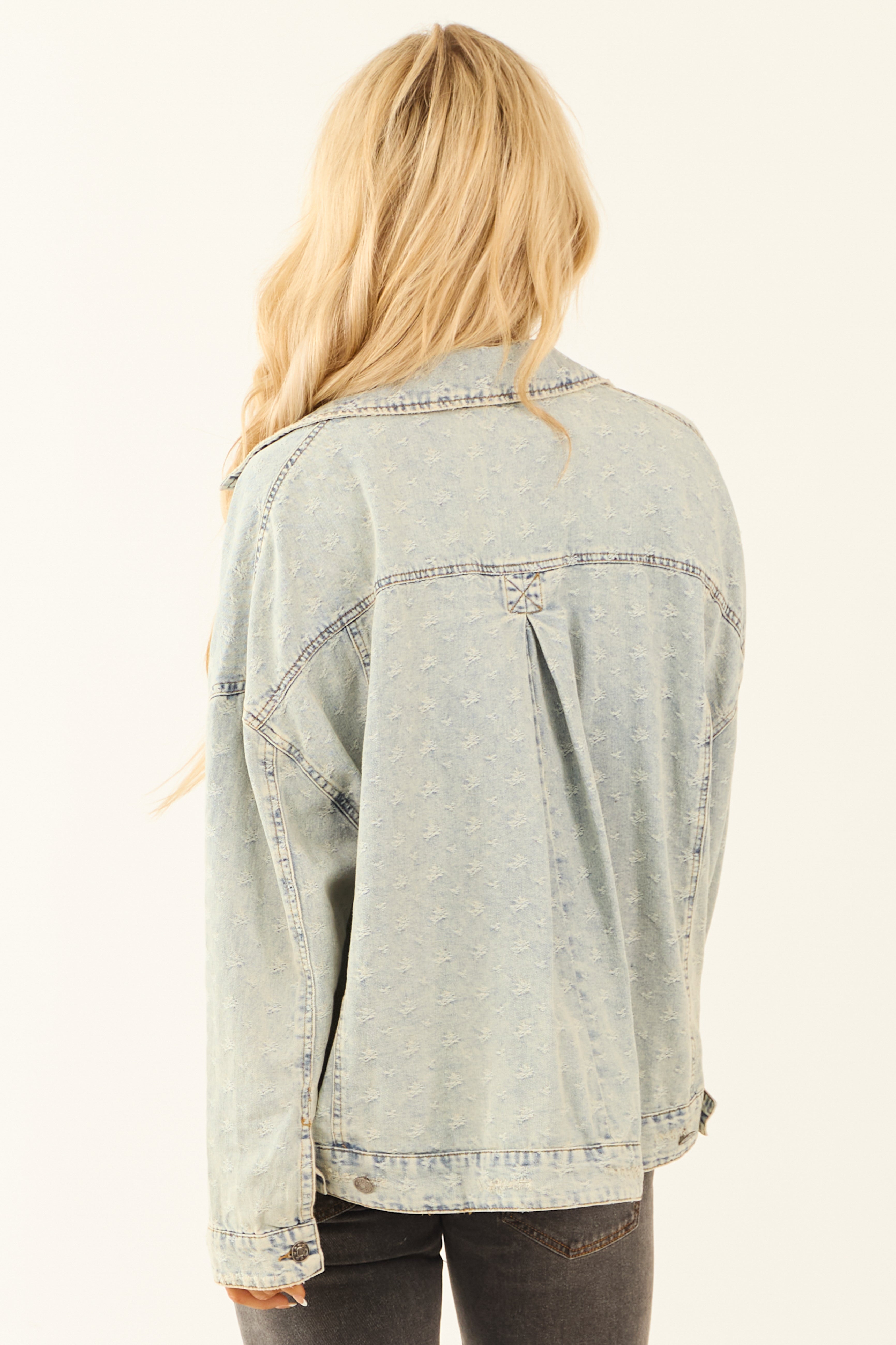 Light Denim Distressed Long Sleeve Button Up Jacket