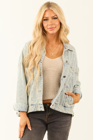 Light Denim Distressed Long Sleeve Button Up Jacket