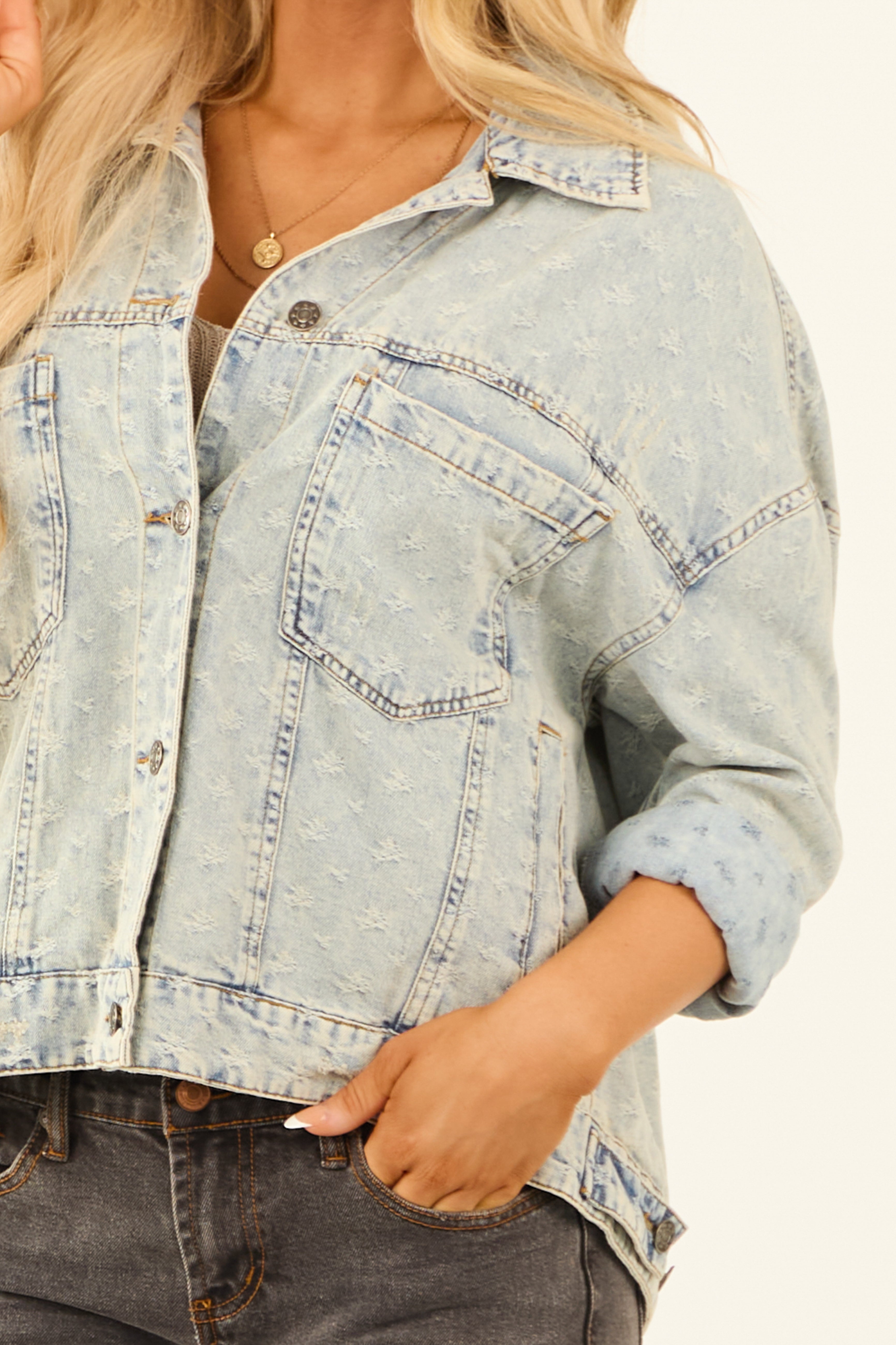 Light Denim Distressed Long Sleeve Button Up Jacket