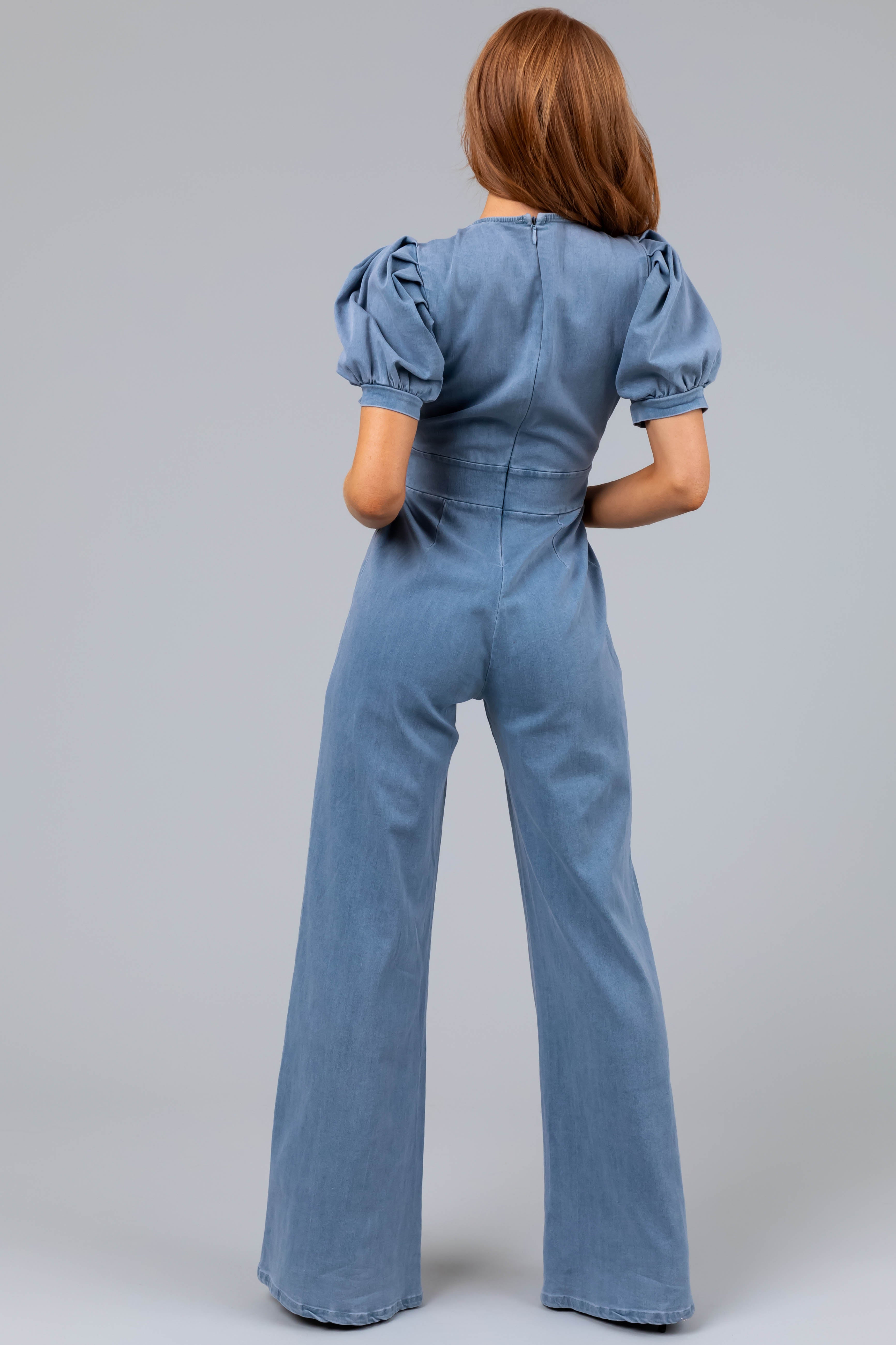 Light Denim Puff Sleeve Buckle Detail Jumpsuit