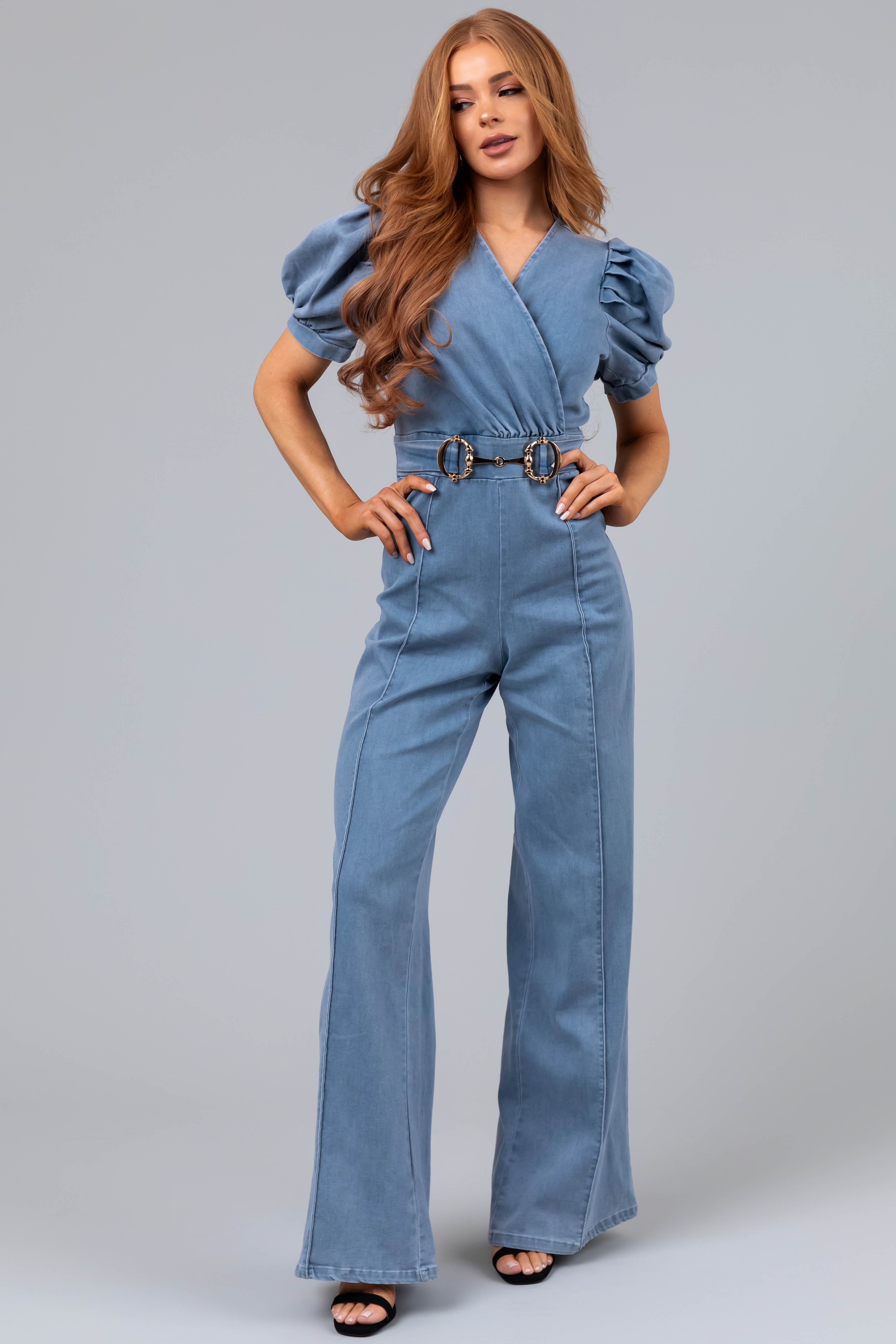 Light Denim Puff Sleeve Buckle Detail Jumpsuit