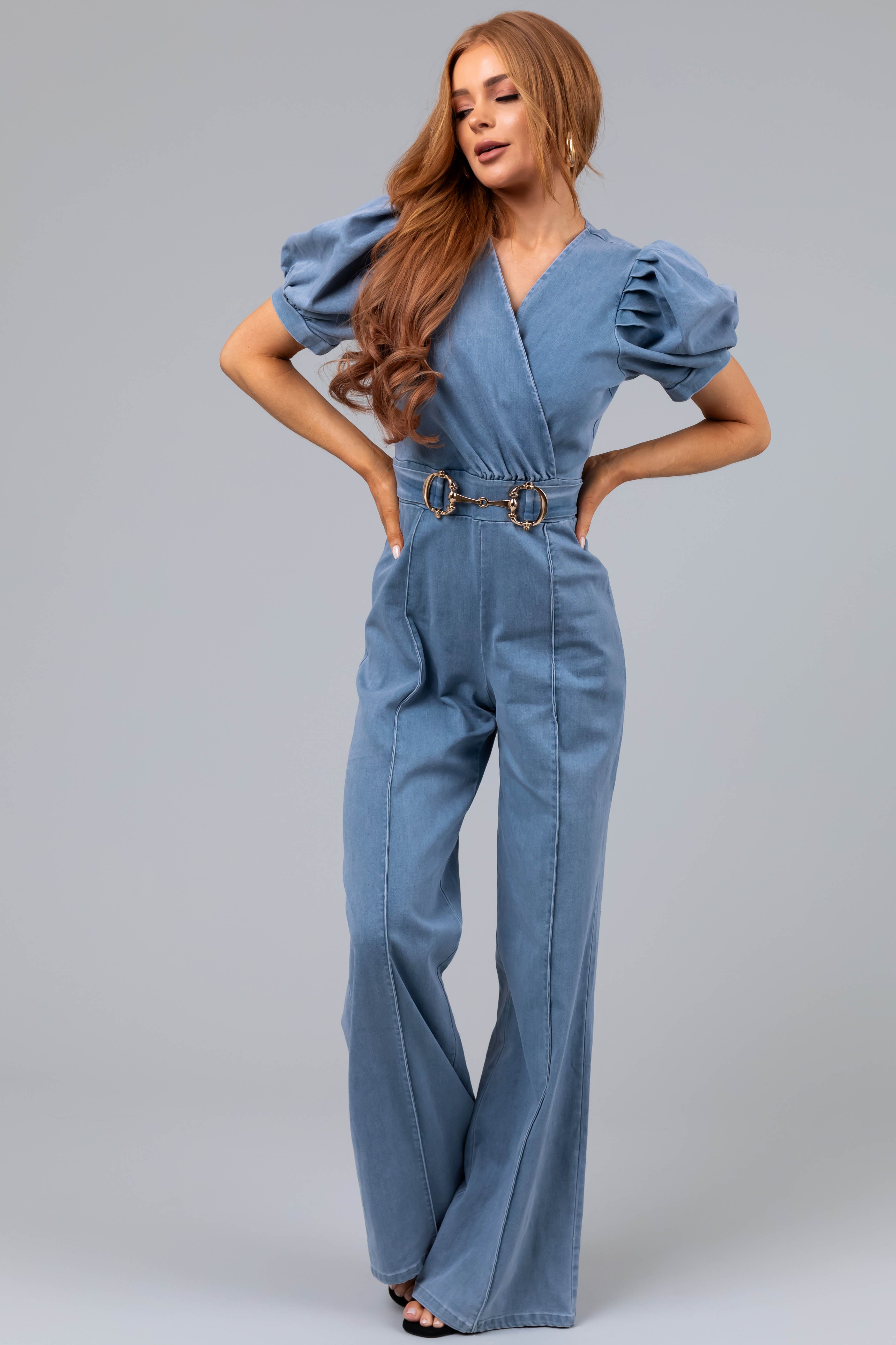 Light Denim Puff Sleeve Buckle Detail Jumpsuit