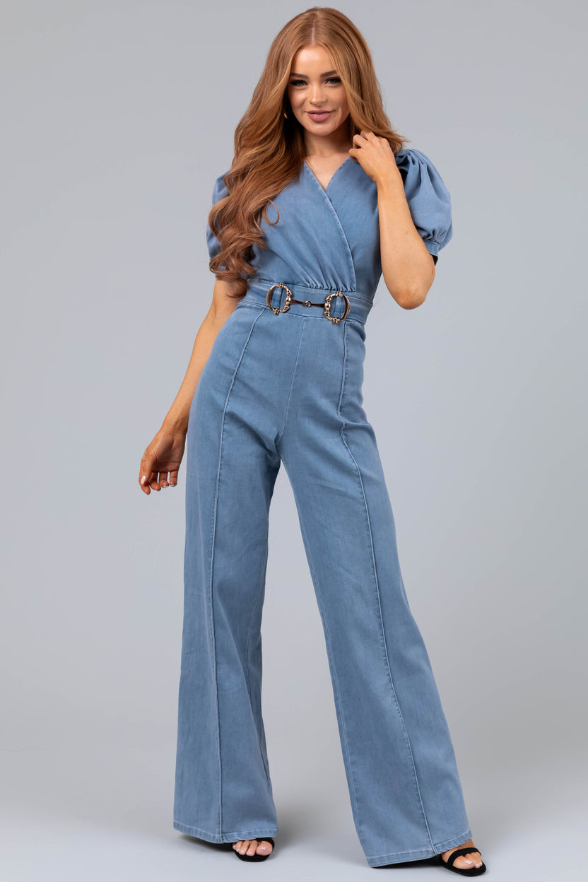 Light Denim Puff Sleeve Buckle Detail Jumpsuit