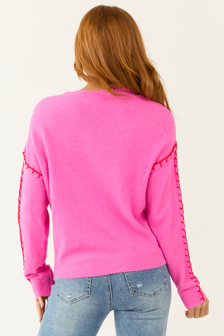 Light Fuchsia Long Sleeve Contrast Stitch Sweater