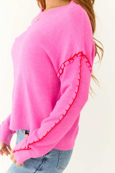 Light Fuchsia Long Sleeve Contrast Stitch Sweater