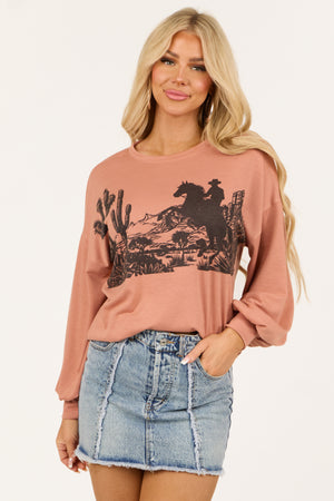 Light Ginger Western Graphic Long Sleeve Top