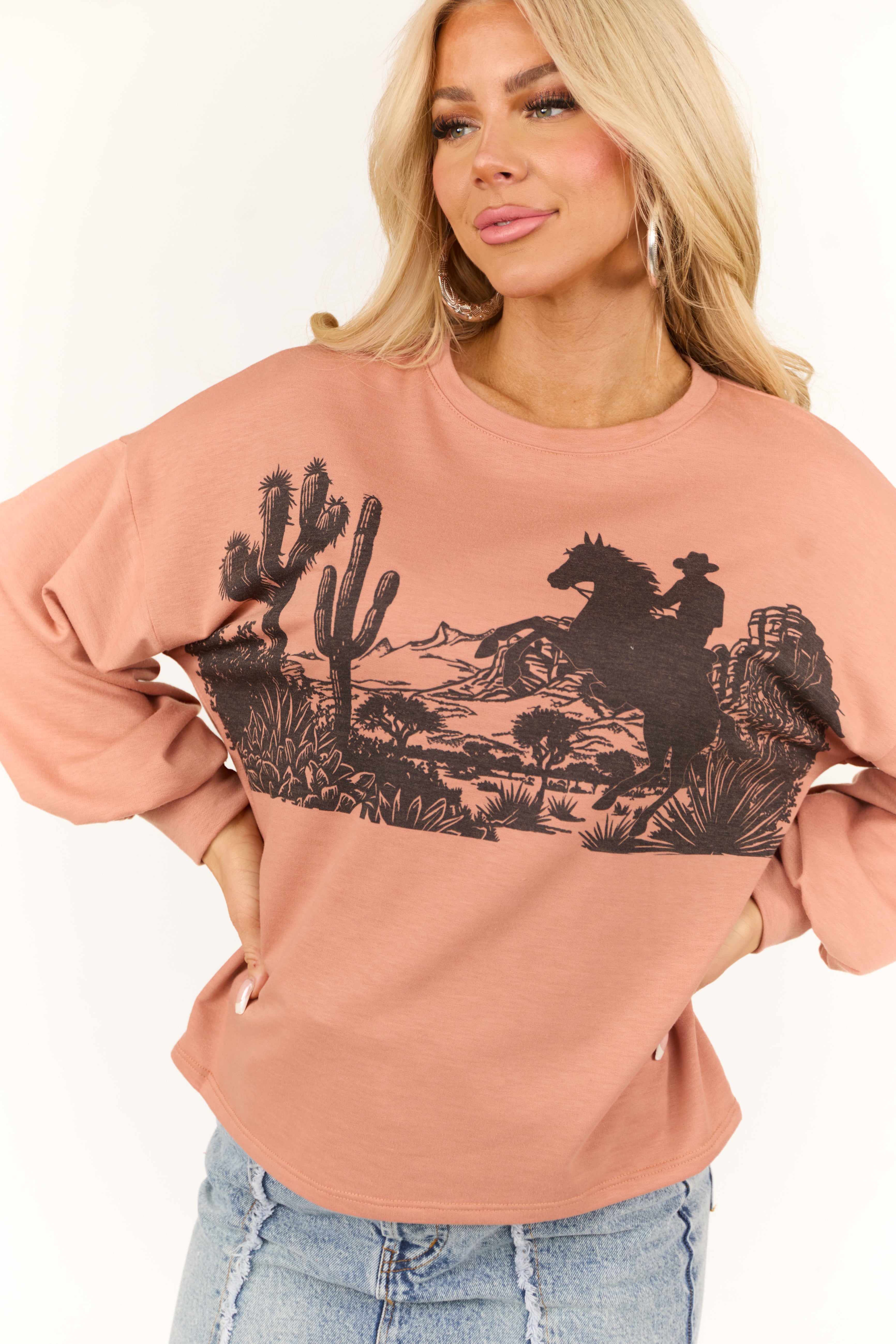 Light Ginger Western Graphic Long Sleeve Top