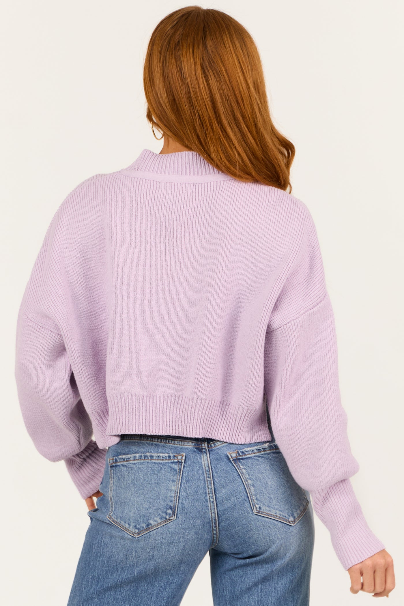 Light Iris Cropped Puff Long Sleeve Knit Sweater