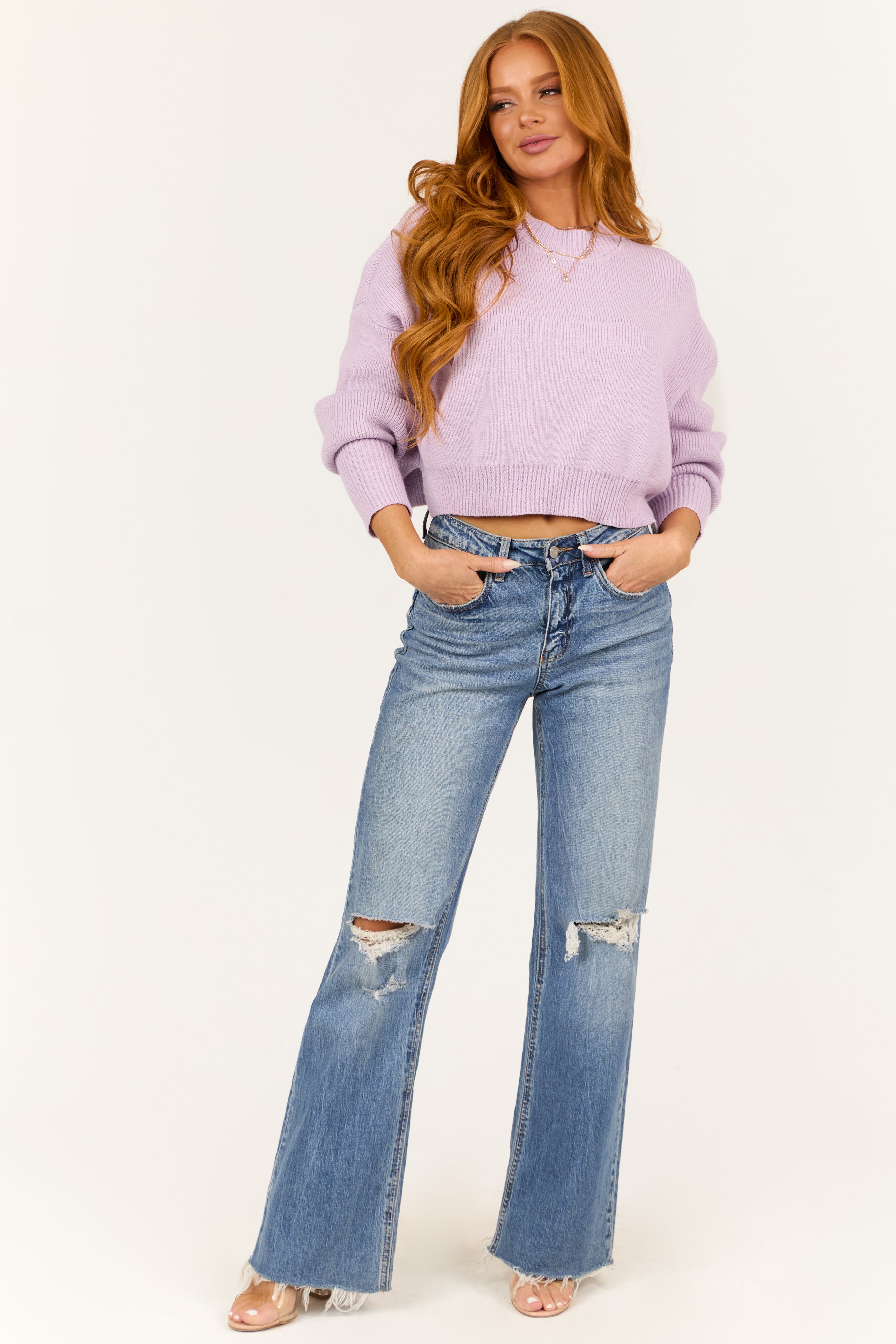 Light Iris Cropped Puff Long Sleeve Knit Sweater