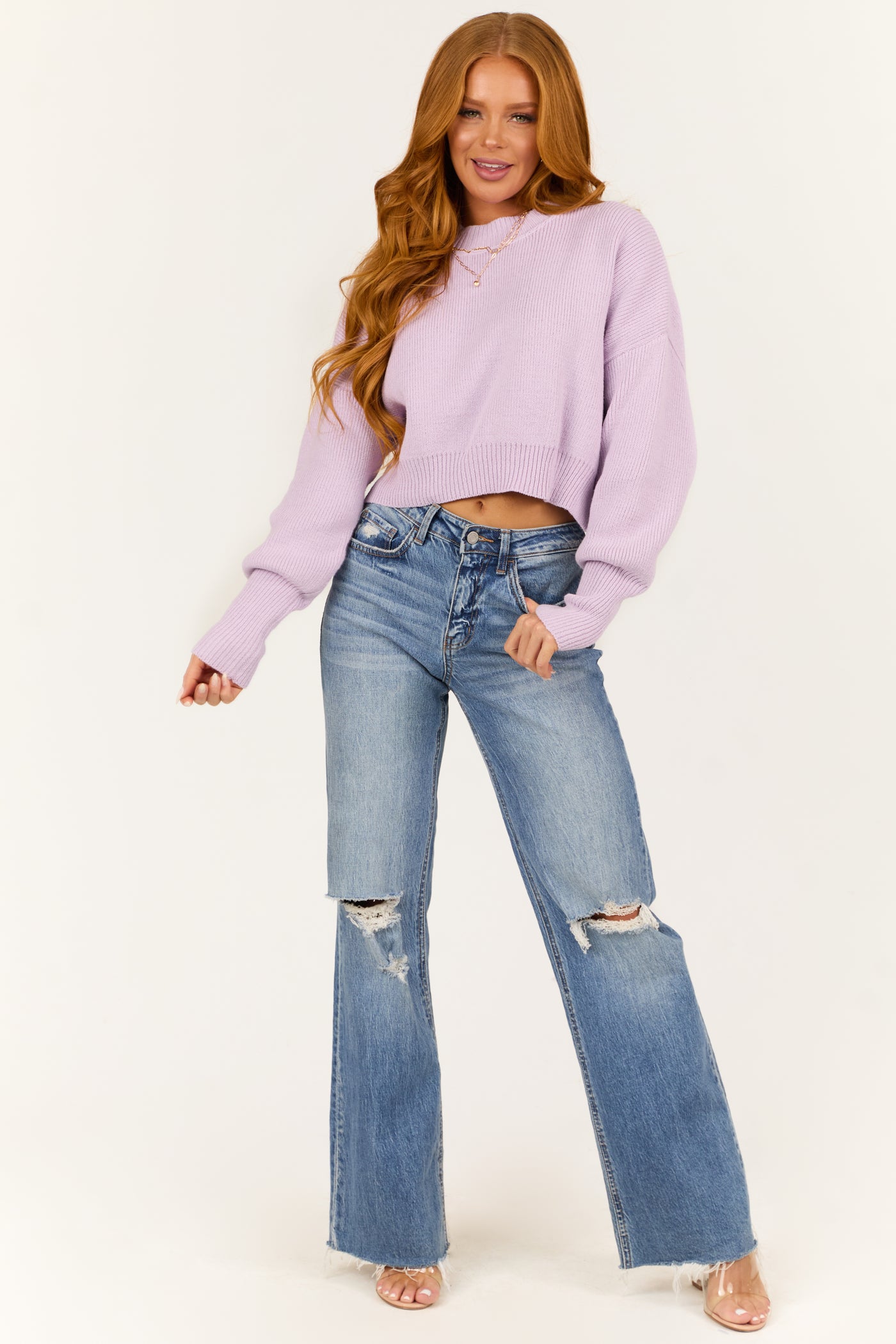 Light Iris Cropped Puff Long Sleeve Knit Sweater