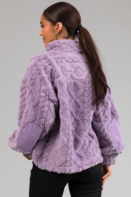 Light Iris Fuzzy Fleece Cable Pattern Sweater