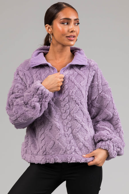 Light Iris Fuzzy Fleece Cable Pattern Sweater