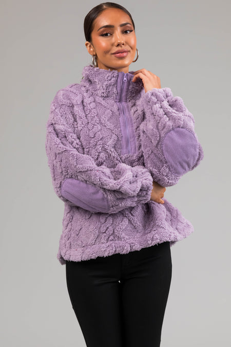 Light Iris Fuzzy Fleece Cable Pattern Sweater