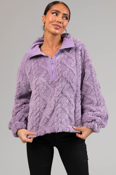 Light Iris Fuzzy Fleece Cable Pattern Sweater