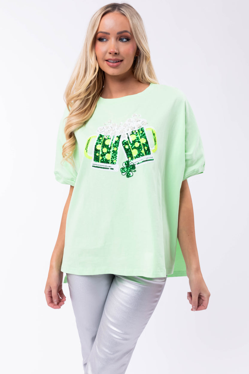 Light Kiwi Sequin St Patricks Day Graphic Top