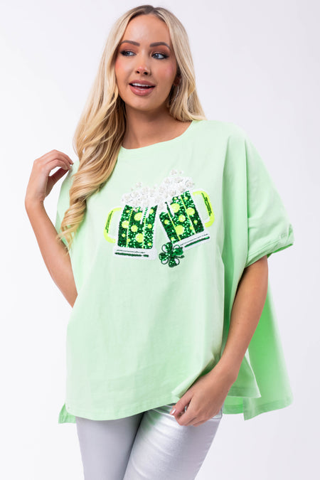 Light Kiwi Sequin St Patricks Day Graphic Top